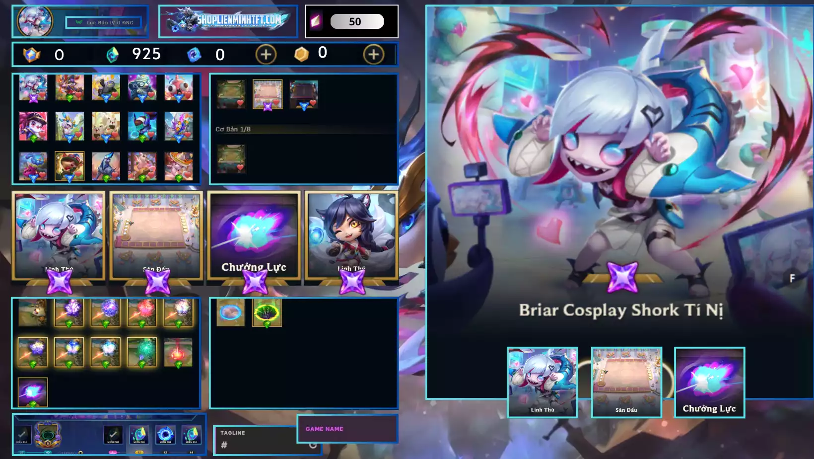 Briar Cosplays Shork Tí Nị Kèm Chưởng - Dư 0 Huy Chương - 0 Vàng - 2 Tím - 1 Sàn Tím - Dư 950Pha Lê - 1 Tí Nị Thường - 1 Sàn Đỏ - Chưởng Lực Như Ảnh - Rank TFT Lục Bảo - Còn Đổi Tên